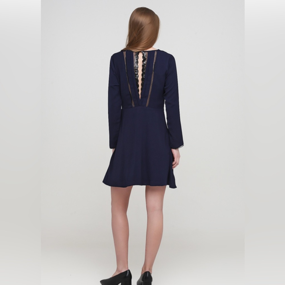 Navy Blue Skater Midi Dress Lace Trim Long Sleeve Size Large L by Sweewe Paris